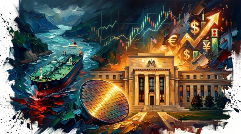 Impressionist painting of an oil tanker, microchip, and Federal Reserve building with glowing stock charts.