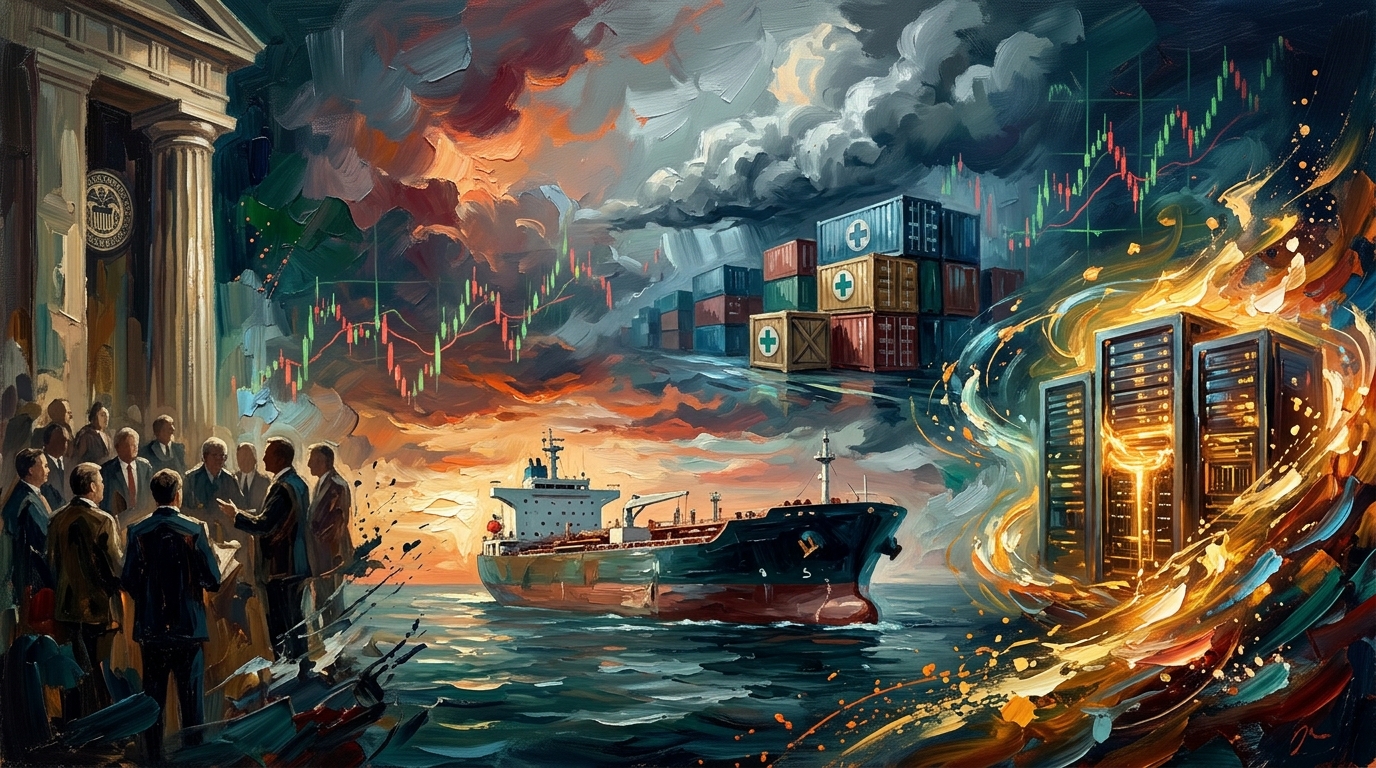 Impressionist art depicting global oil tankers, hawkish central bankers, and glowing AI tech networks.