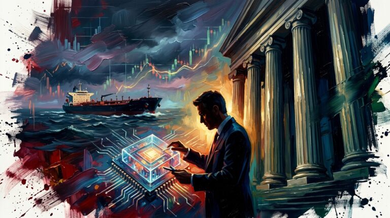 Oil painting collage of tech leadership changes, hawkish central banks, rising bond yields, and oil geopolitics.