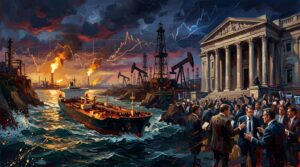 Oil tanker navigating turbulent waters beside a central bank facade with glowing market charts in a painterly style.