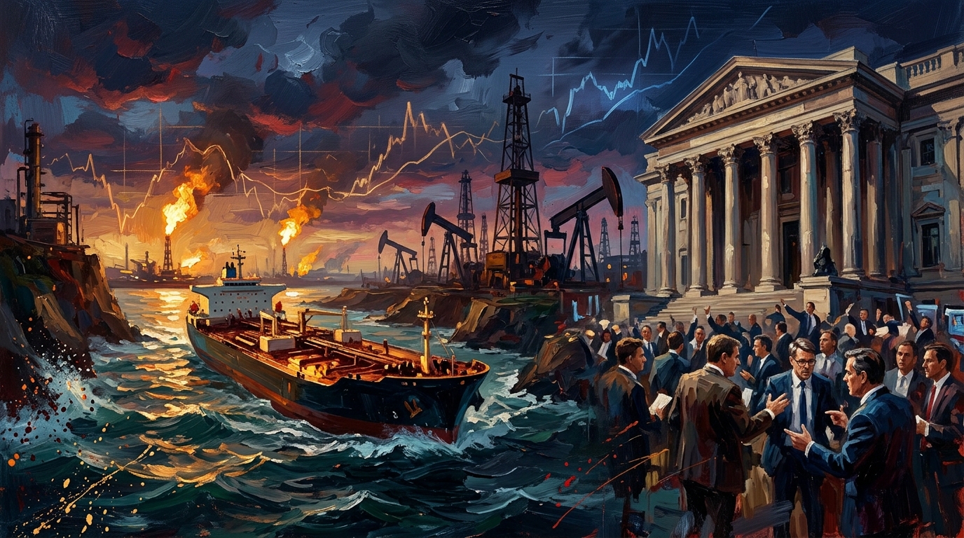 Oil tanker navigating turbulent waters beside a central bank facade with glowing market charts in a painterly style.