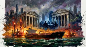 Oil tanker navigating turbulent waters against looming neoclassical bank columns and painterly stock chart lines.