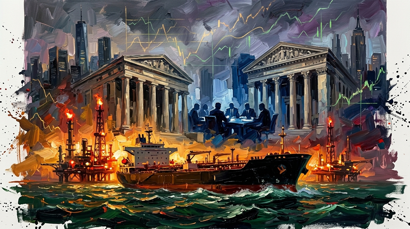 Oil tanker navigating turbulent waters against looming neoclassical bank columns and painterly stock chart lines.