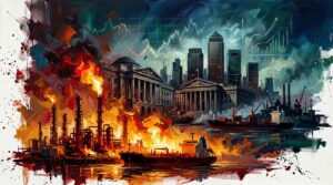 Oil refinery flares clash with central bank facades and surging bond yields amidst inflation in an expressive oil painting.