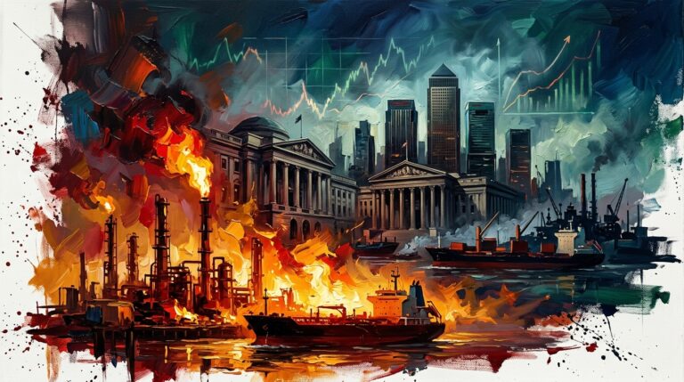 Oil refinery flares clash with central bank facades and surging bond yields amidst inflation in an expressive oil painting.