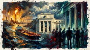 Oil painting of an oil tanker amid fiery waters and central bank facades reflecting rising interest rates.