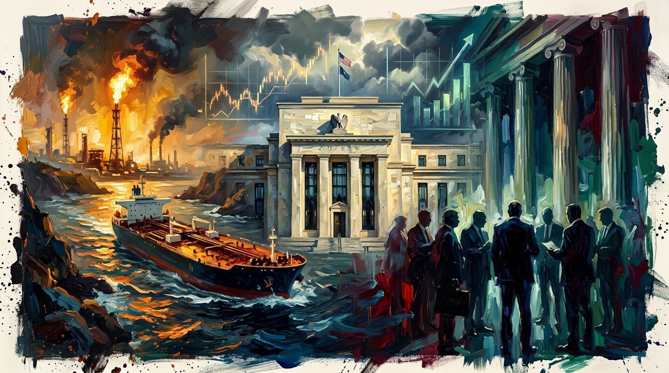 Oil painting of an oil tanker amid fiery waters and central bank facades reflecting rising interest rates.