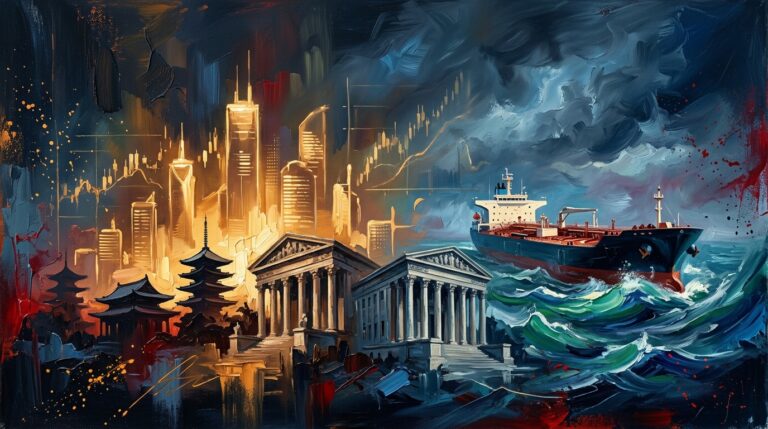 Oil painting collage of central banks, oil tankers, and glowing stock charts reflecting global monetary shifts.