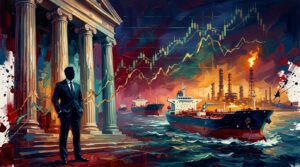 Oil tankers and financial columns framed by rising market charts amidst central bank rate hikes and Middle East oil tensions.
