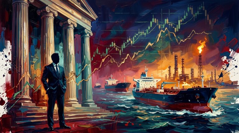 Oil tankers and financial columns framed by rising market charts amidst central bank rate hikes and Middle East oil tensions.