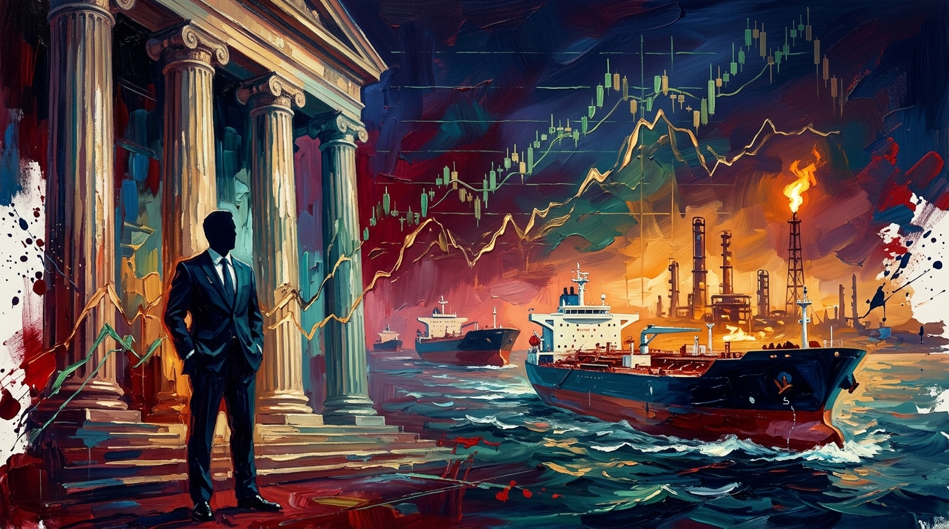 Oil tankers and financial columns framed by rising market charts amidst central bank rate hikes and Middle East oil tensions.
