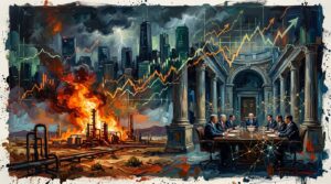 Oil pipelines and central bank facades collide with financial charts, capturing surging energy and tightening markets.