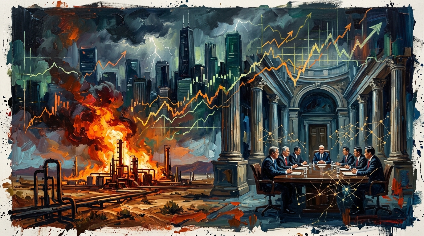Oil pipelines and central bank facades collide with financial charts, capturing surging energy and tightening markets.