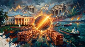 Oil painting collage of glowing microchips, cargo tankers, and financial graphs symbolizing global market shifts.