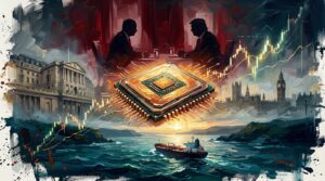 Oil painting collage of a glowing microchip, world leaders, an oil tanker, and rising stock charts in dramatic lighting.