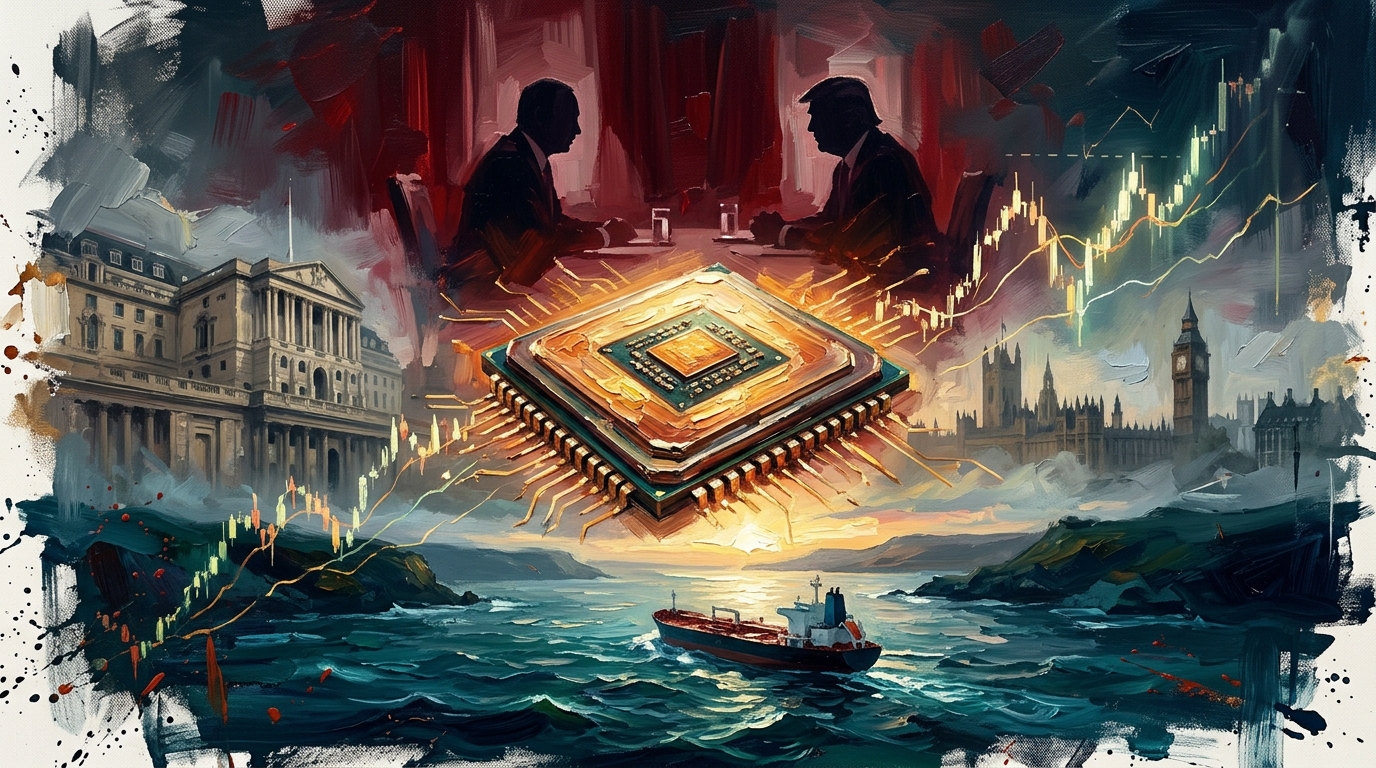 Oil painting collage of a glowing microchip, world leaders, an oil tanker, and rising stock charts in dramatic lighting.