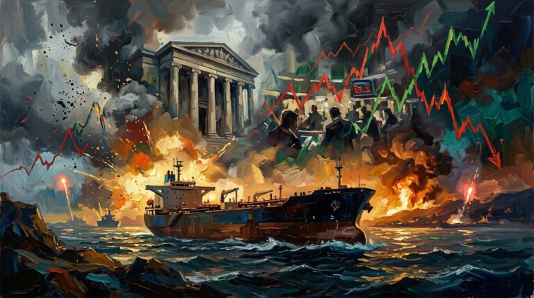 Oil supertanker in the Strait of Hormuz amid soaring crude prices and climbing global bond yields.