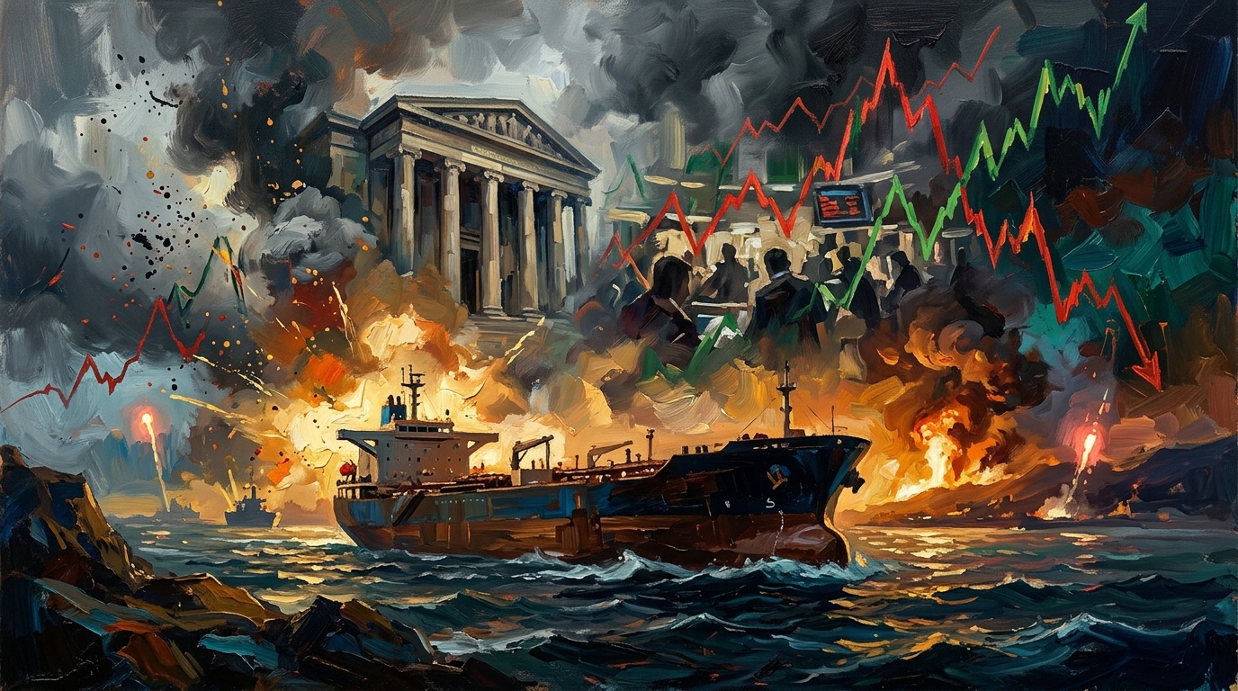 Oil supertanker in the Strait of Hormuz amid soaring crude prices and climbing global bond yields.