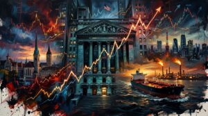 Oil painting of Wall Street facing surging Treasury yields, high oil prices, and shifting global central bank policies.