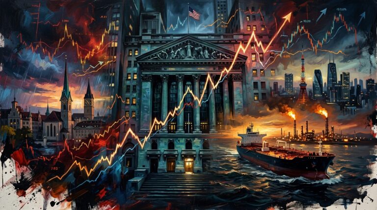 Oil painting of Wall Street facing surging Treasury yields, high oil prices, and shifting global central bank policies.