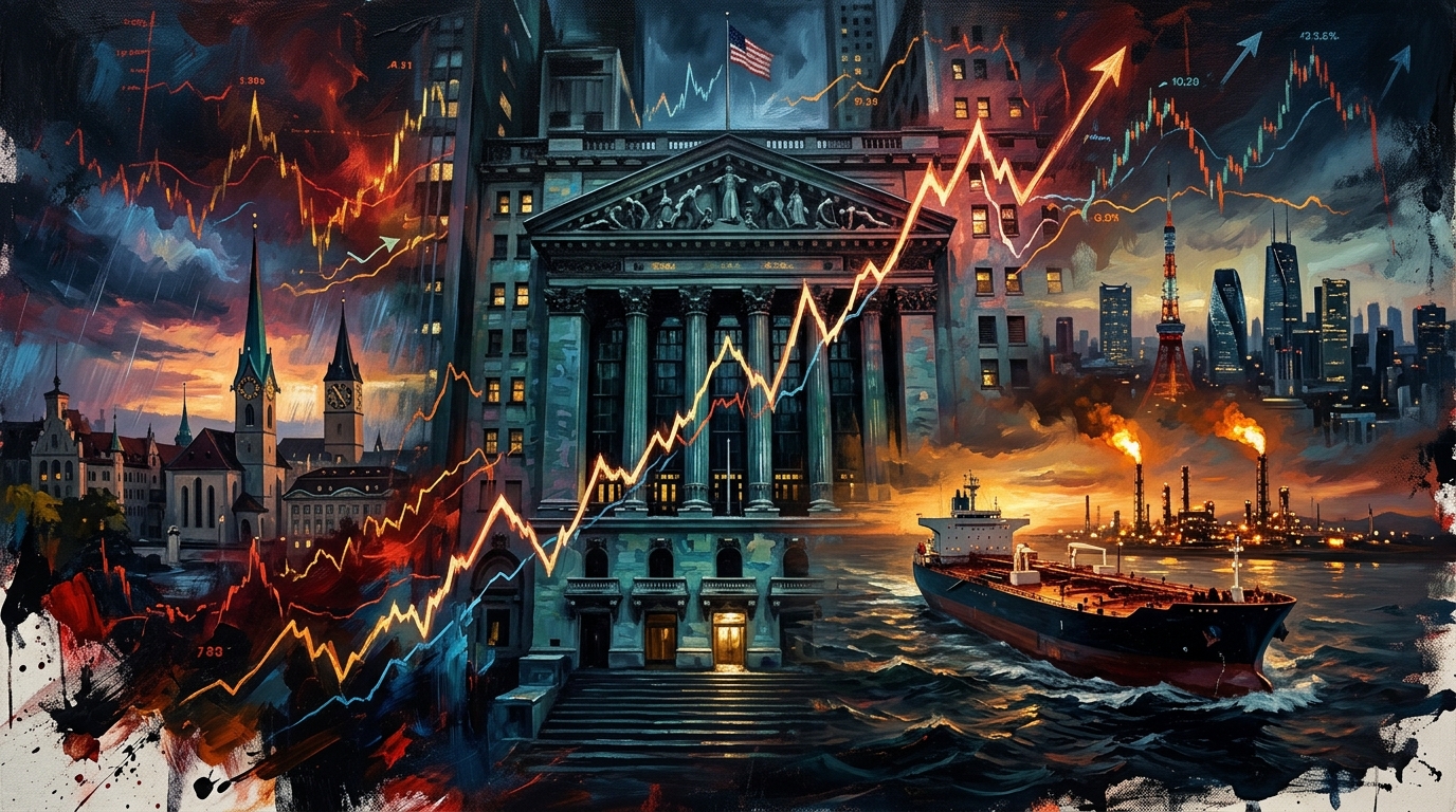 Oil painting of Wall Street facing surging Treasury yields, high oil prices, and shifting global central bank policies.