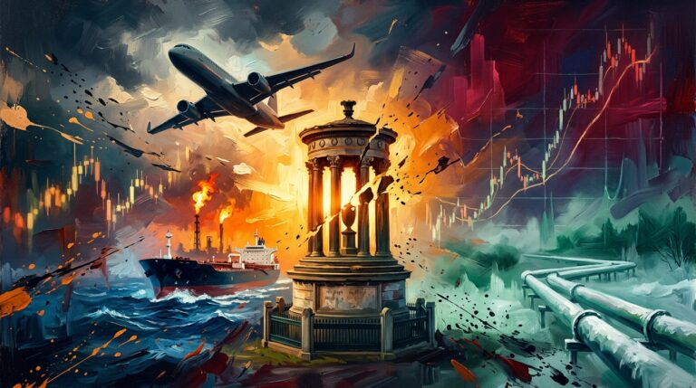 Oil tanker in stormy seas and an airplane near market charts, depicting surging bond yields and energy market crisis.