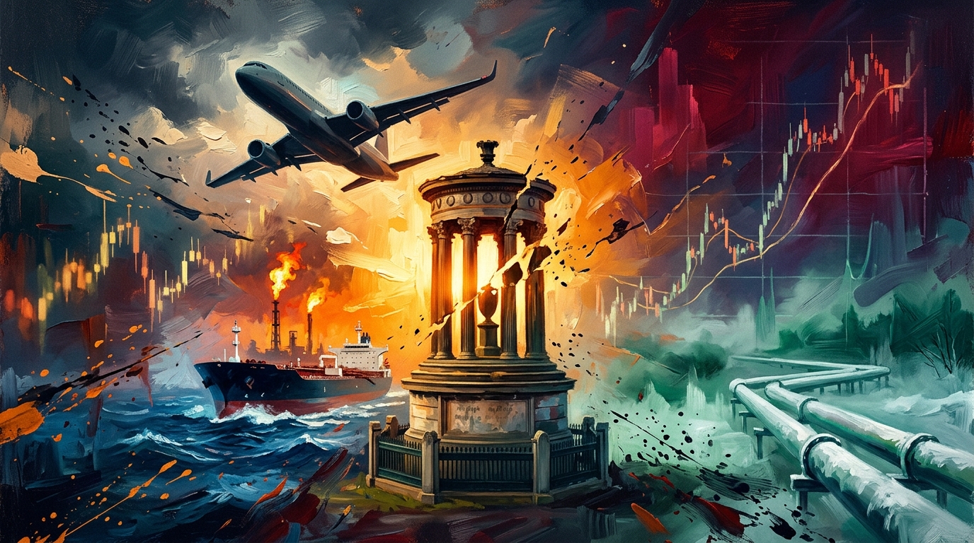 Oil tanker in stormy seas and an airplane near market charts, depicting surging bond yields and energy market crisis.