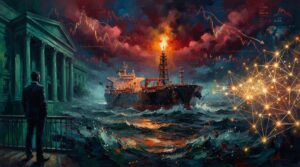 Oil tanker in a troubled strait clashing with rising bond yields and market charts.