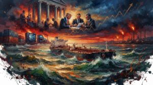 Oil tanker navigating rough waters beside surging debt yield charts and glowing global trade collage elements.
