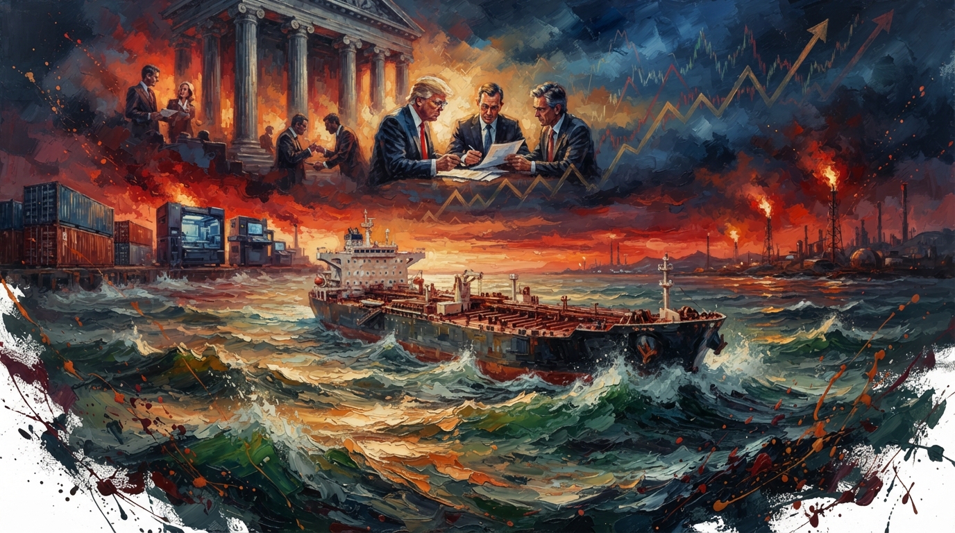 Oil tanker navigating rough waters beside surging debt yield charts and glowing global trade collage elements.