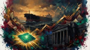 Oil tanker in stormy waters, soaring bond yield charts, and glowing tech chip reflecting global market turmoil.