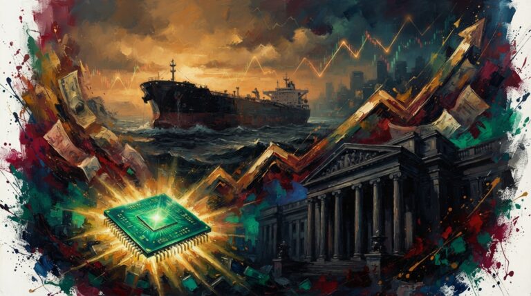 Oil tanker in stormy waters, soaring bond yield charts, and glowing tech chip reflecting global market turmoil.