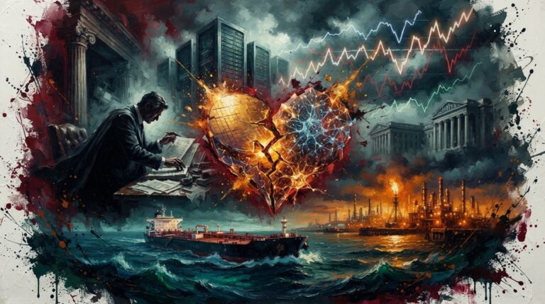 Oil painting of AI microchips, oil tankers, and surging bond yield charts illustrating global market volatility.