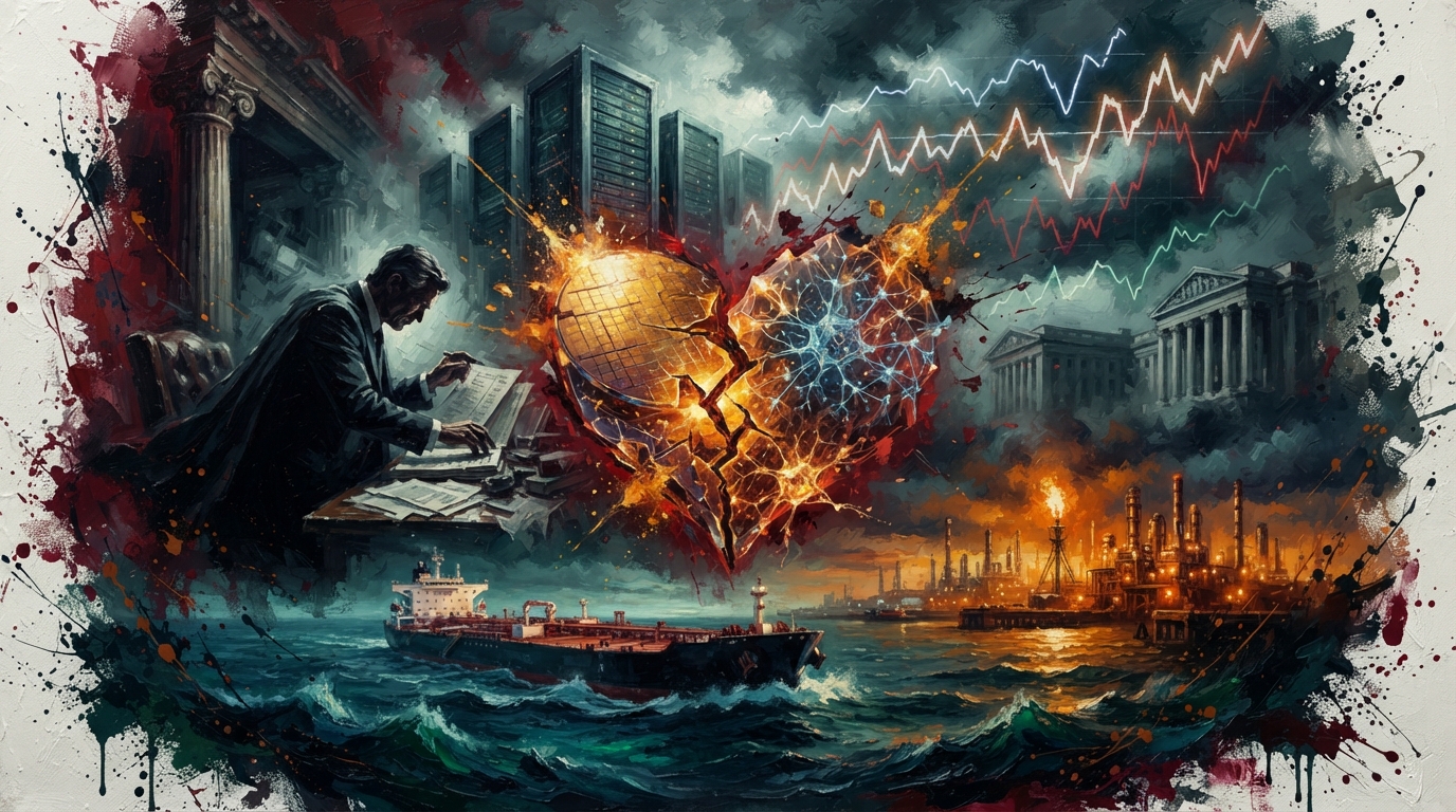 Oil painting of AI microchips, oil tankers, and surging bond yield charts illustrating global market volatility.