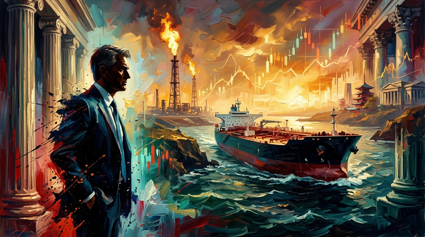 Oil tanker in a turbulent strait framed by central bank pillars and market charts depicting soaring energy and rate fears.