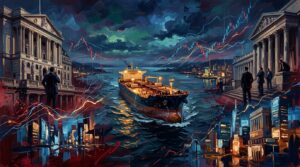 Oil painting collage of an oil tanker, soaring bond yield charts, and central bank motifs amid market volatility.