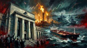 Impressionist oil painting of oil tankers in Hormuz, rising bond yields, and central bank buildings under market tension.