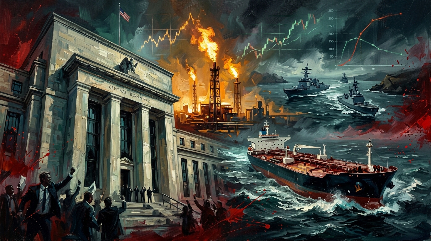 Impressionist oil painting of oil tankers in Hormuz, rising bond yields, and central bank buildings under market tension.