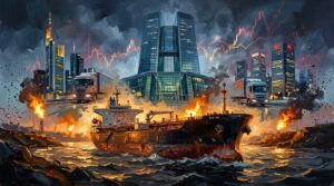 Oil tanker navigating tense waters near central bank silhouettes amid rising crude prices and market volatility.