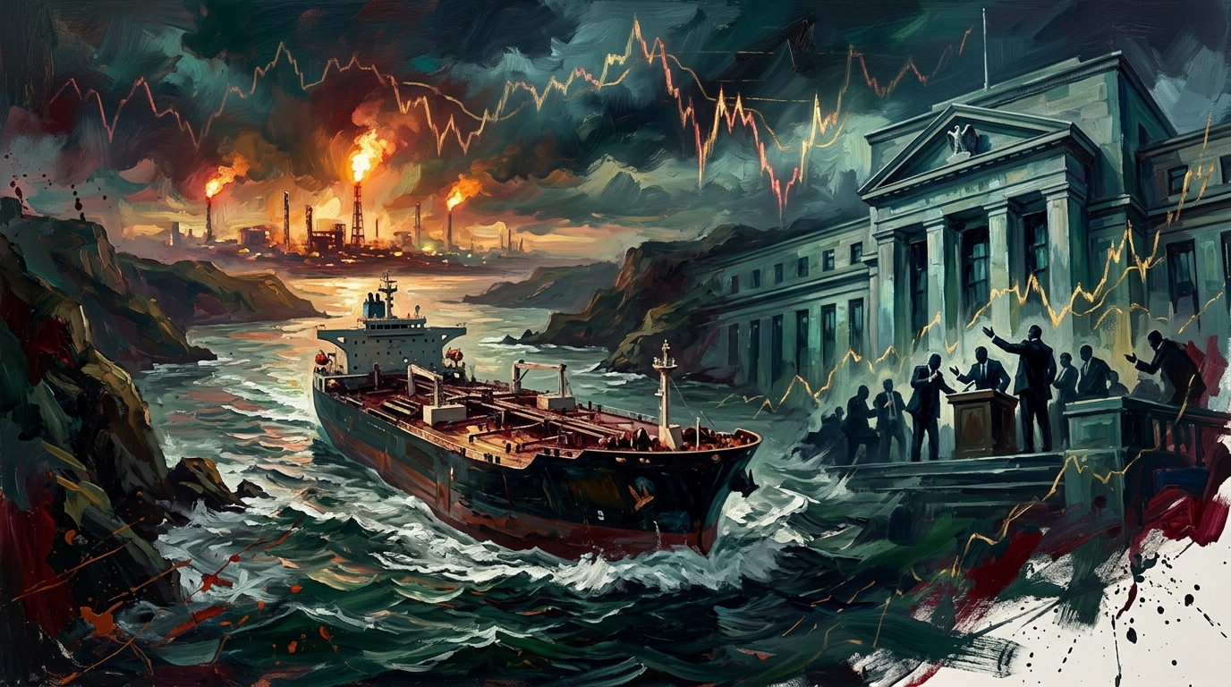 Oil tanker navigating stormy seas under volatile market charts as oil prices spike and central banks tighten.