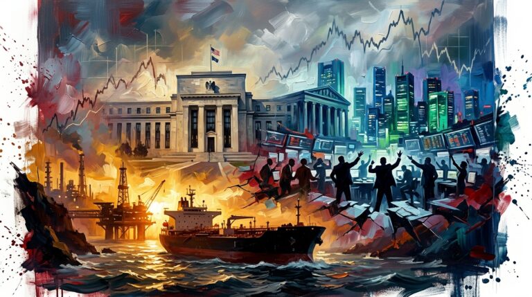 Oil tanker navigating turbulent seas beneath central bank facades and glowing stock market charts.