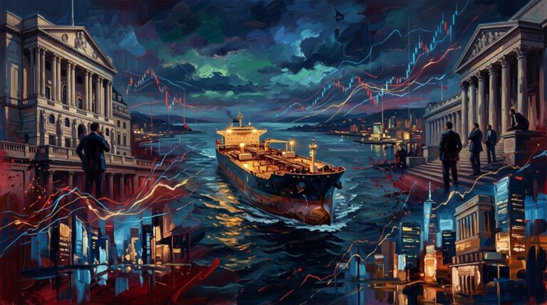 Oil painting collage of an oil tanker, soaring bond yield charts, and central bank motifs amid market volatility.