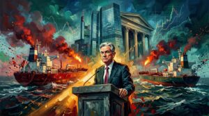 Oil painting collage of central bank rate hikes, surging bond yields, and oil tankers in geopolitical waters.