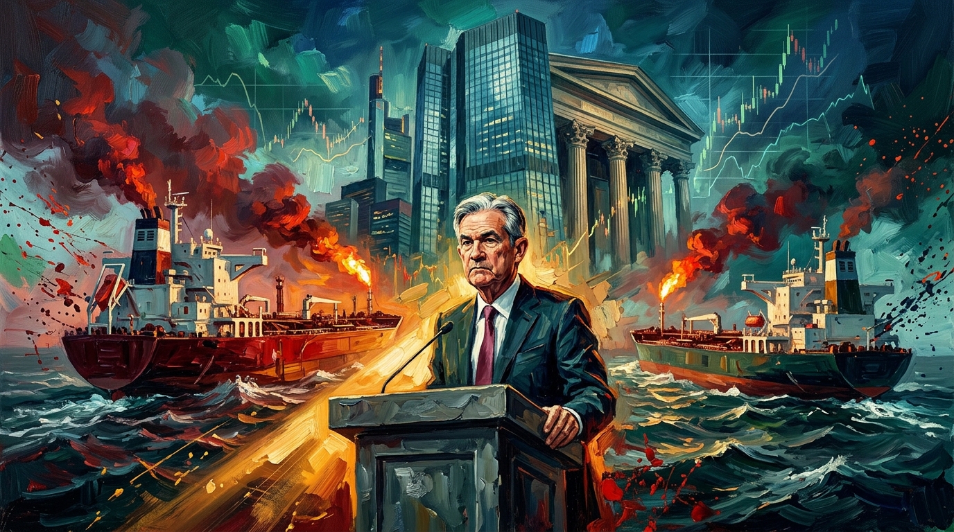 Oil painting collage of central bank rate hikes, surging bond yields, and oil tankers in geopolitical waters.