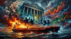 Oil painting of an oil tanker on stormy waters, surging bond yield charts, and Wall Street facing inflation.