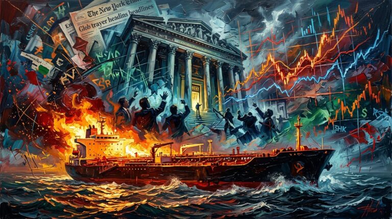 Oil painting of an oil tanker on stormy waters, surging bond yield charts, and Wall Street facing inflation.