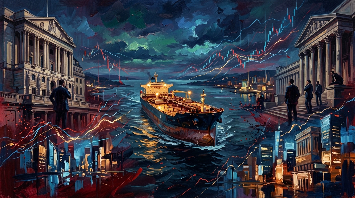 Oil painting collage of an oil tanker, soaring bond yield charts, and central bank motifs amid market volatility.