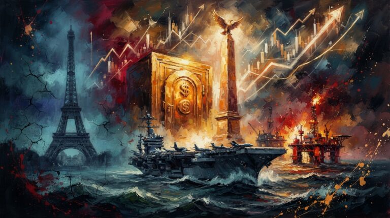 Oil painting of surging bond yields, a soaring dollar, naval oil tensions, and European fiscal strain.