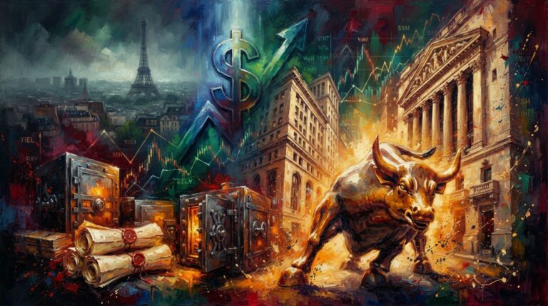 Oil painting of a surging bull, strong US dollar, and Treasury vaults contrasting with Paris in shadow.