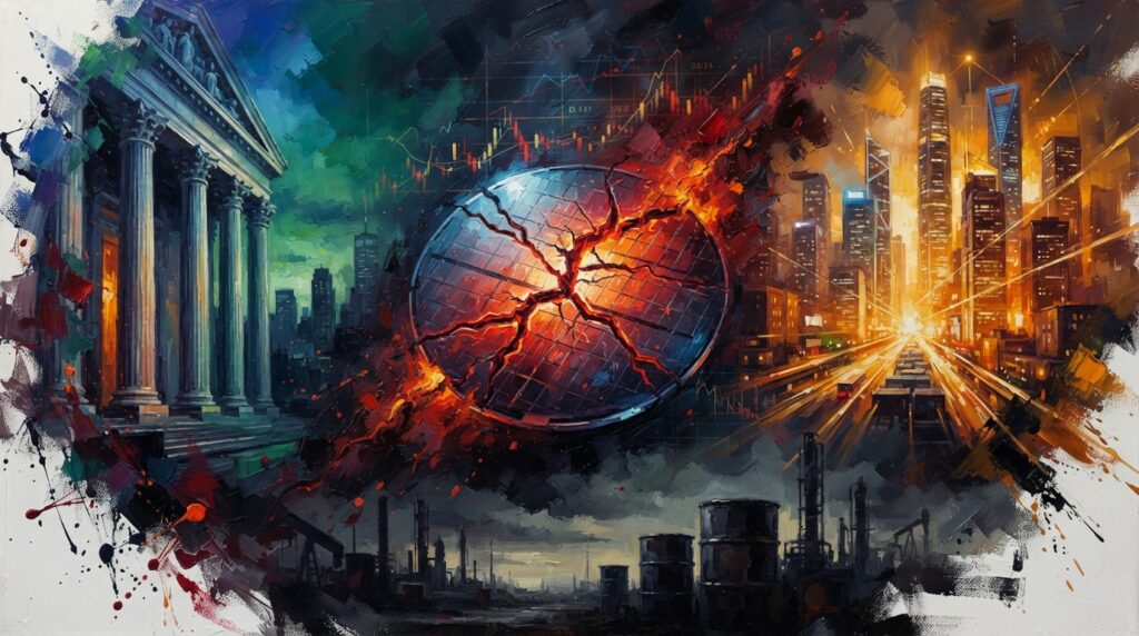 Oil painting of fractured microchips, Wall Street bank facades, and volatile stock market charts.